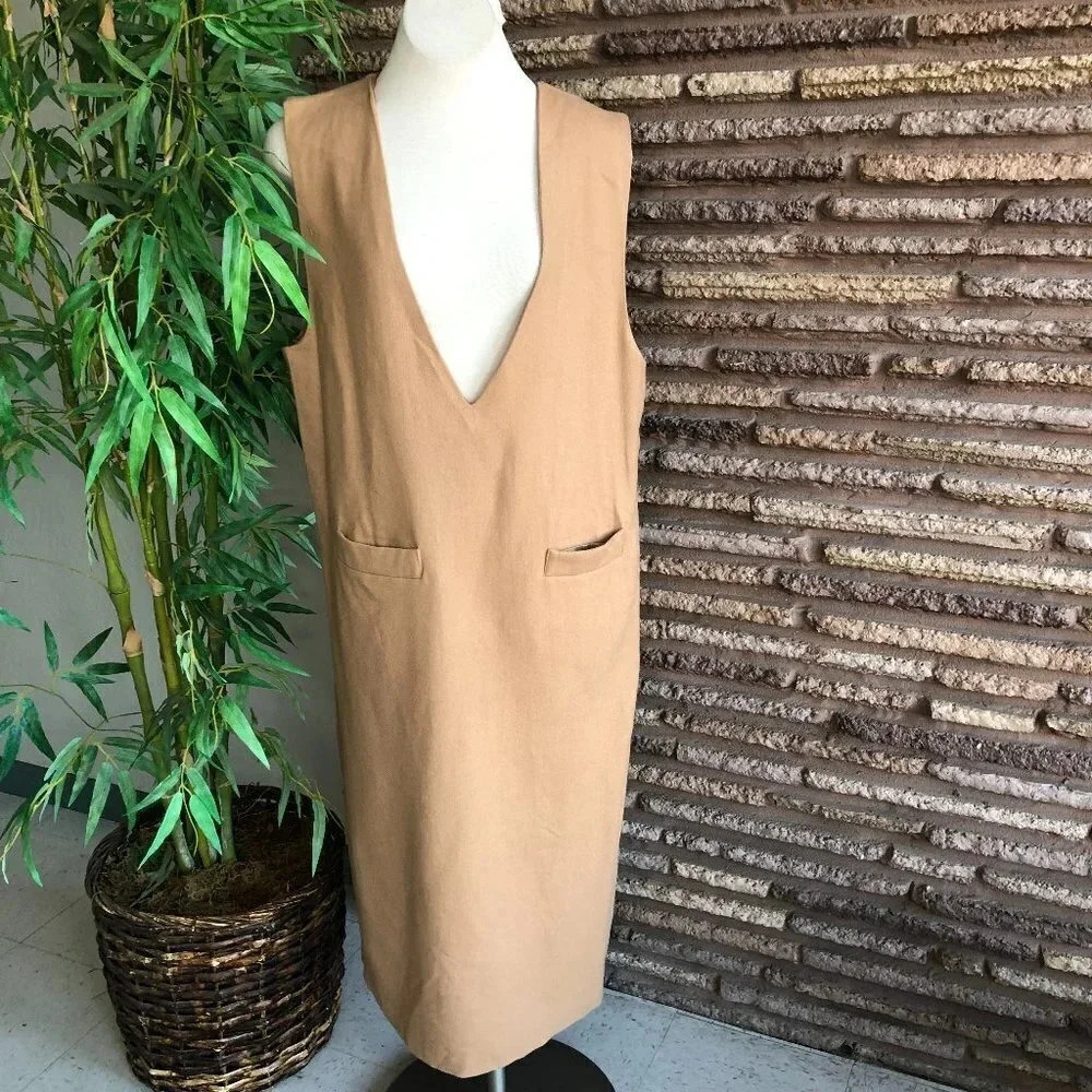 Herman Geist Vintage Tan Camel 100% Wool Deep V Jumper Maxi Tunic Size 4